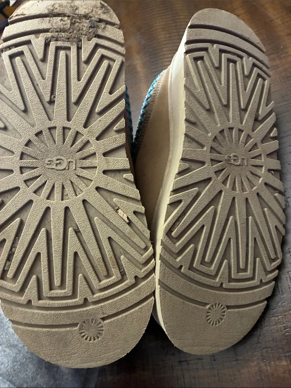 UGG Tan Suede Platform Slippers with Teal Trim